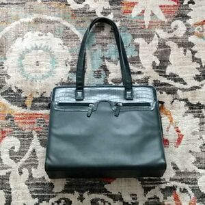EUC BUXTON Black Leather Briefcase/Computer Bag w/Silver Hardware 13x16 in.